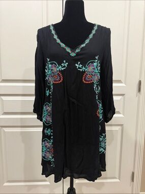Black Midi Tunic Dress with Teal and Coral Embroidery